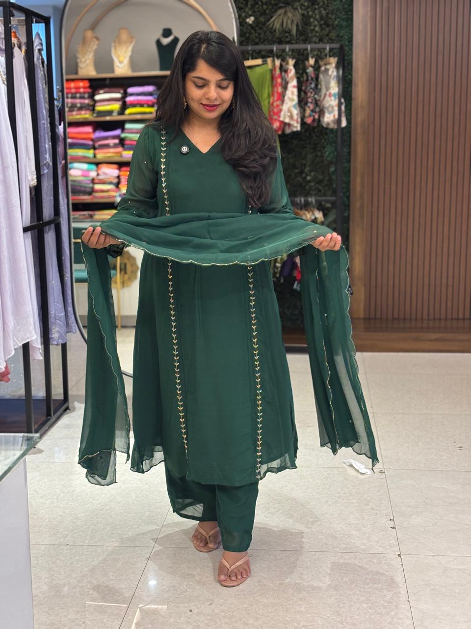 Green  Chinnon Hand Embroidery A Line Kurtha 673