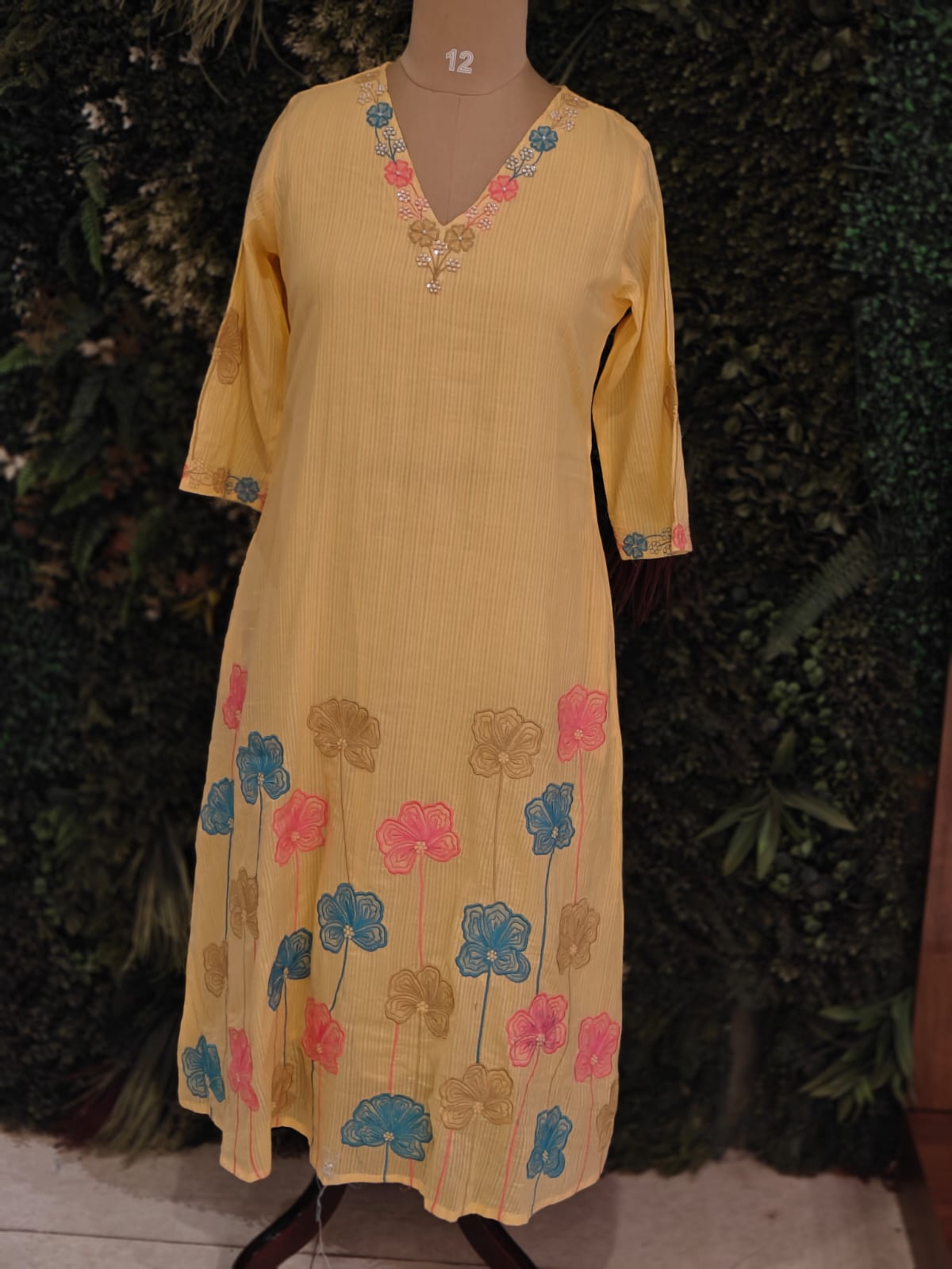 Yellow Mul Cotton Hand Embroidery Airline Kurtha 203