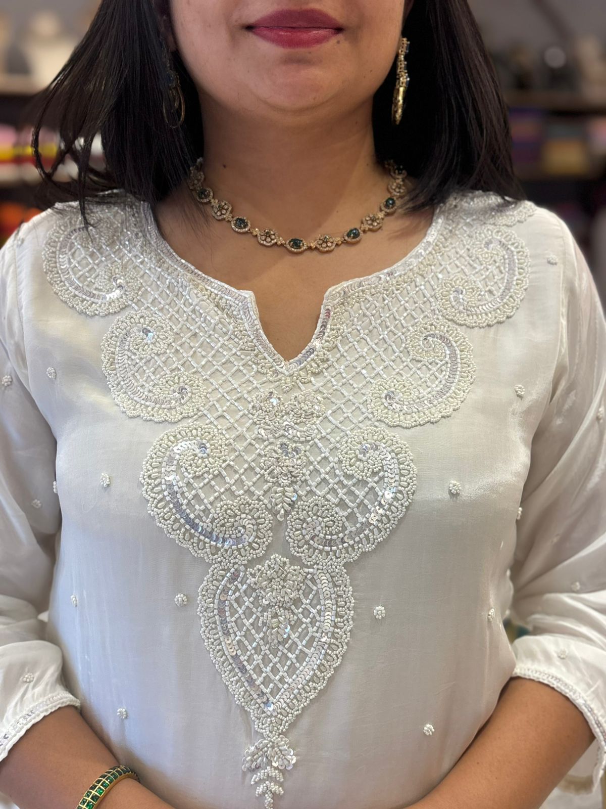 White nd Blue Chinnon Hand Embroidery Cord Set Kurtha 487