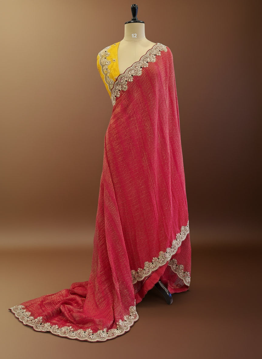Red scallop border chinon party wear-08 saree (RR)
