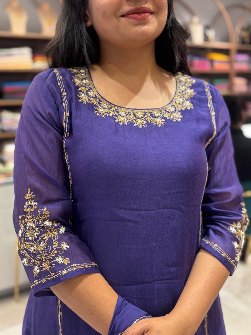 Purple Mul Chanderi Hand Embroidery A Line Kurtha 686