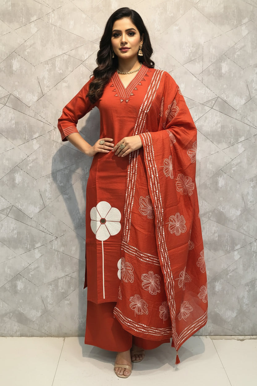 Orange Modul Silk Embroidery Kurtha