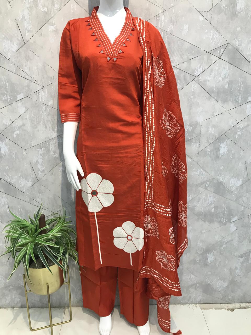 Orange Modul Silk Embroidery Kurtha