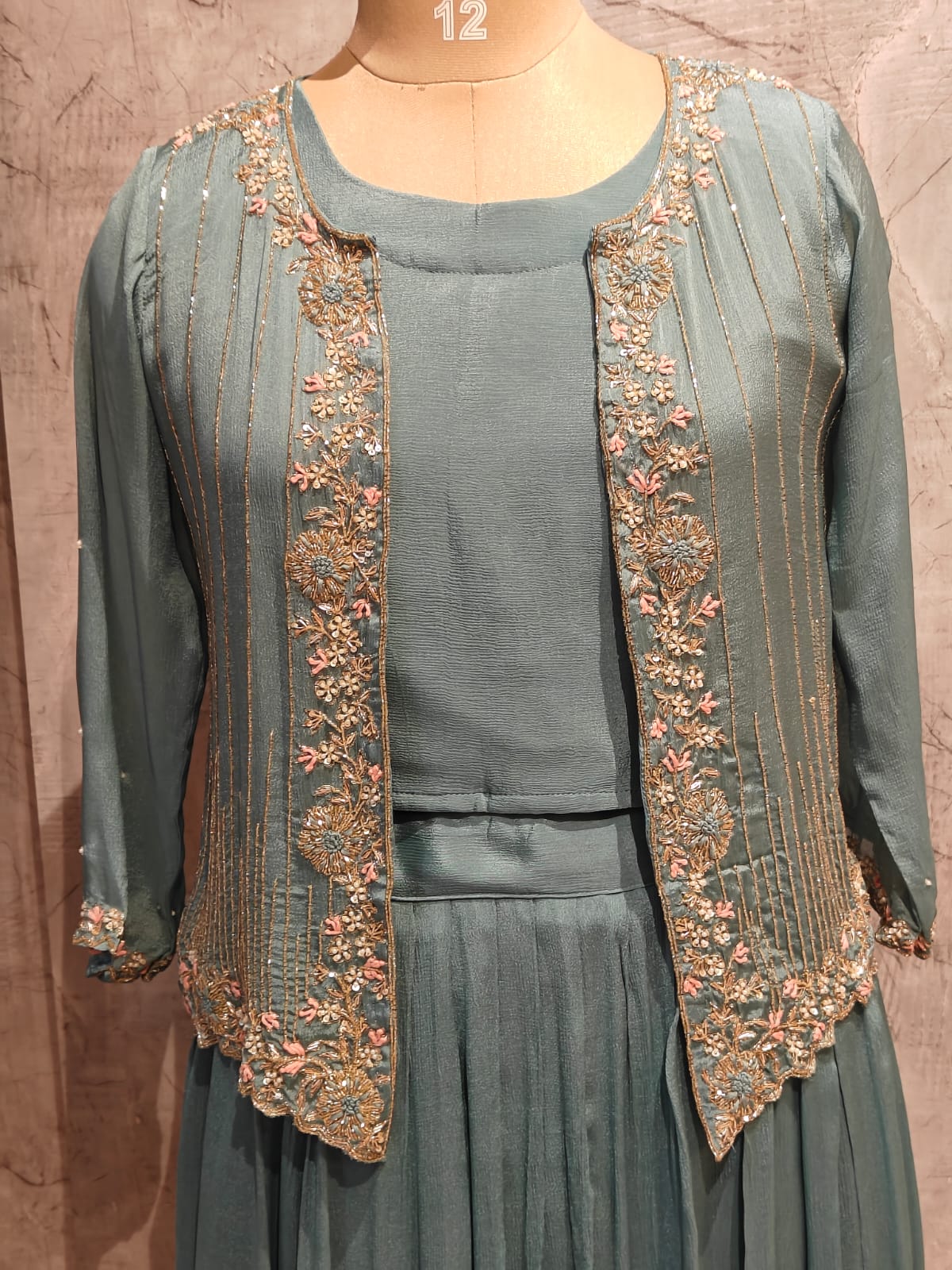 “Pari" Blue Designer Kurtha 43 Set with Handwork Top, Skirt and Jacket Indo-western