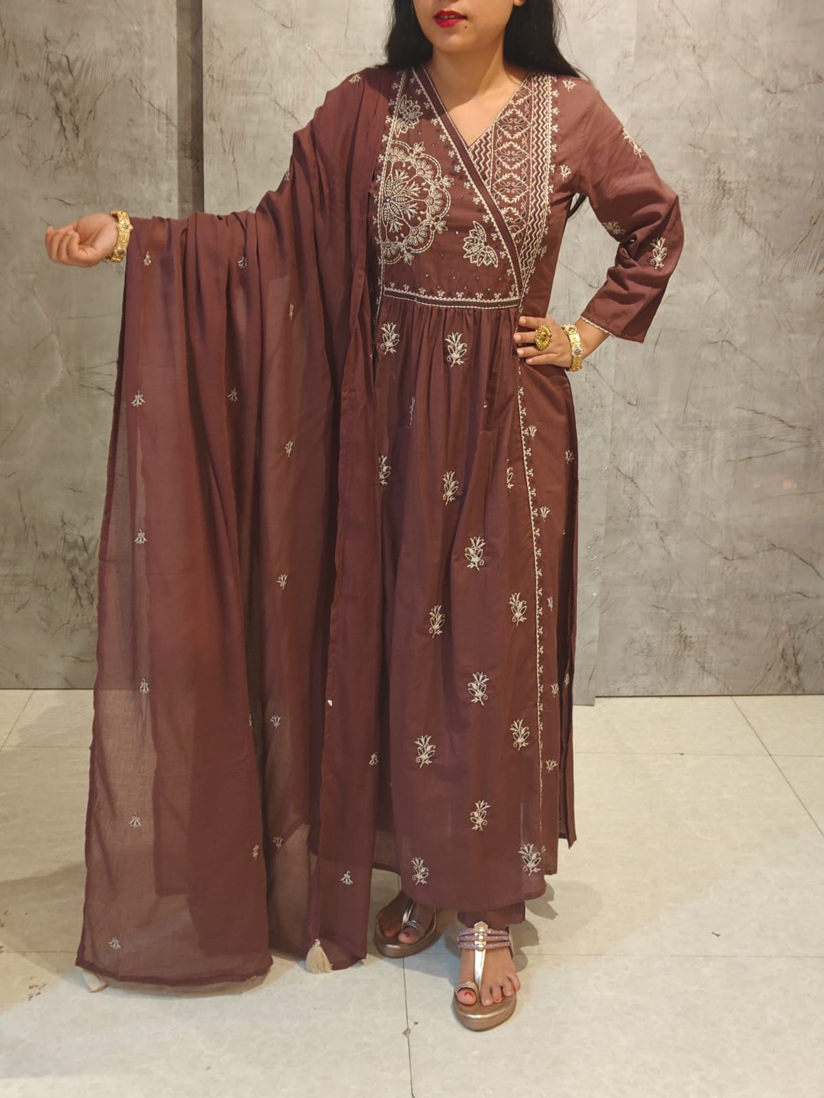 Brown Mul Cotton Knot Thread Work Embroidery Airline Kurtha 63