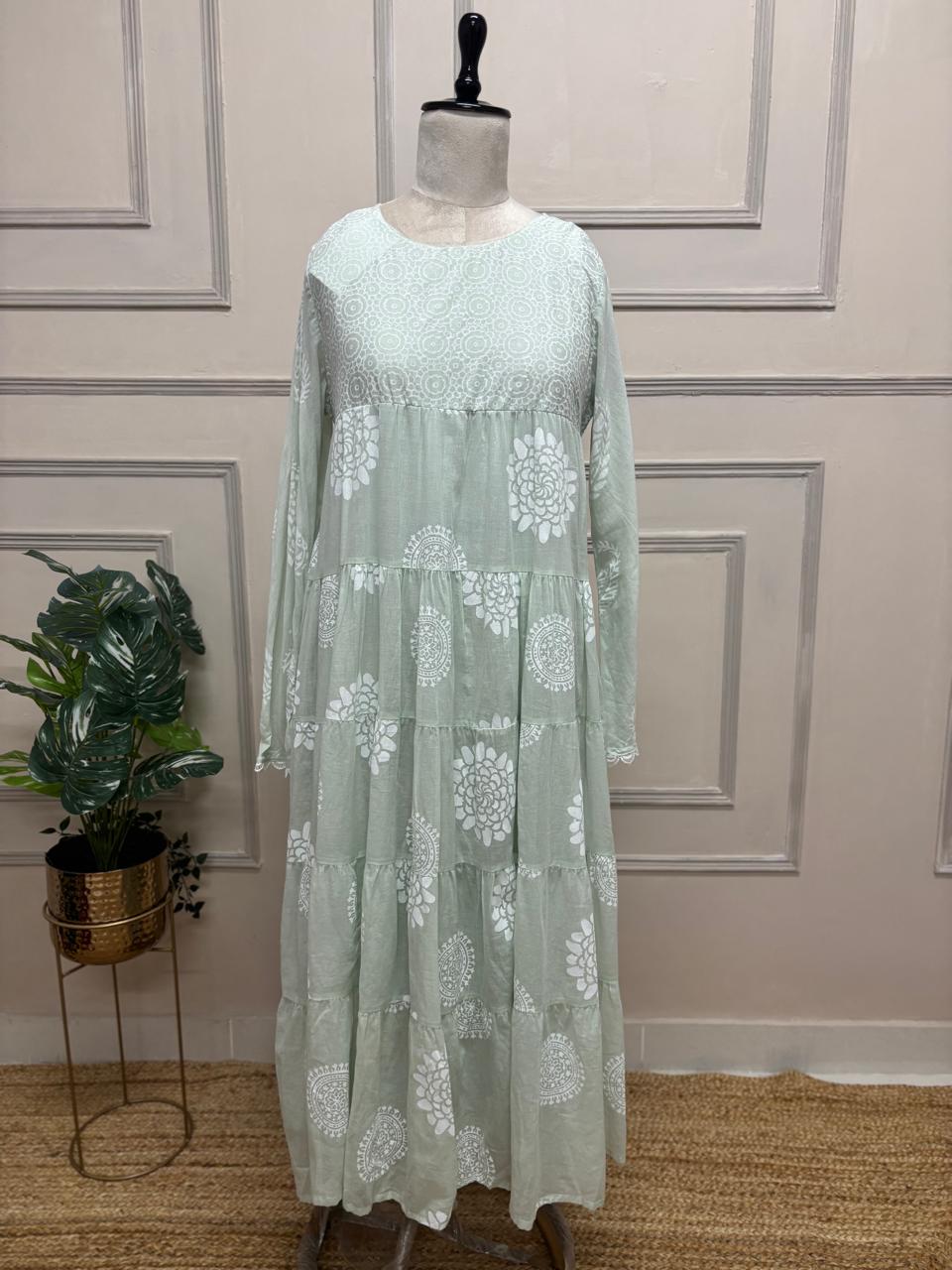 Pista Green Mul Cotton Block Print Anarkali Kurtha 98
