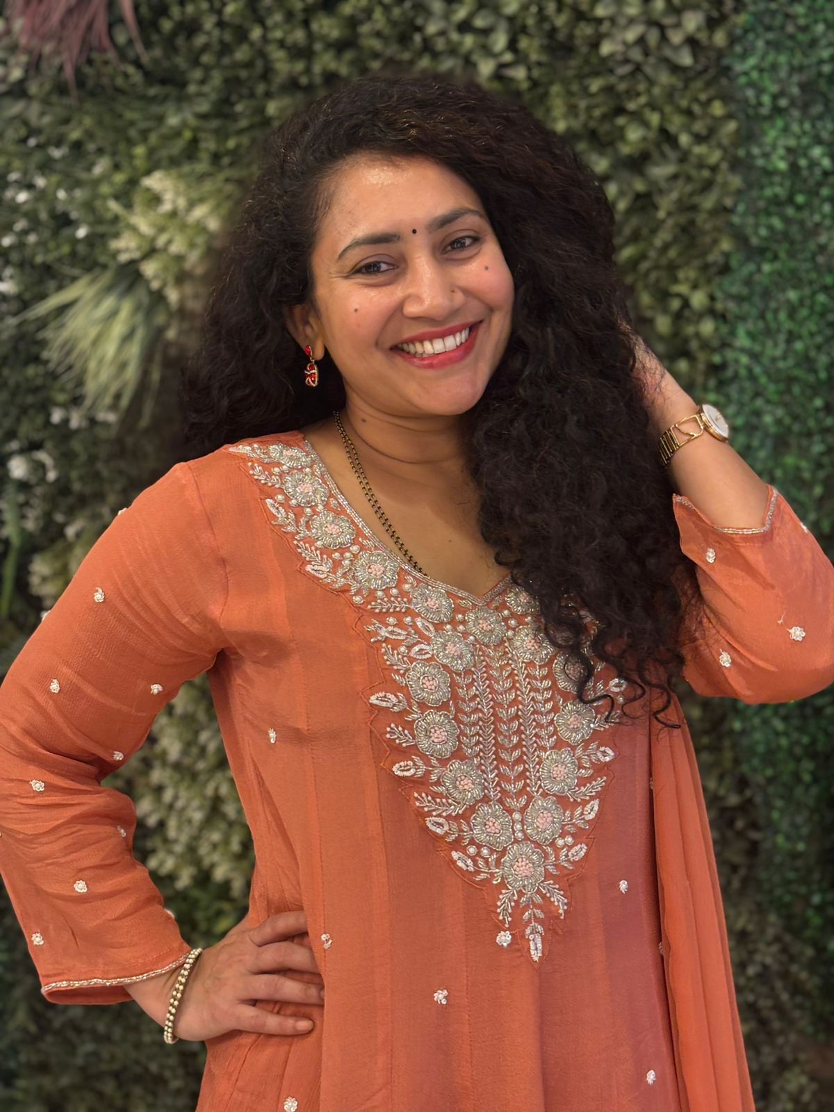 Peach Orange Anarkali Chinnon Hand Embroidery Kurtha 567