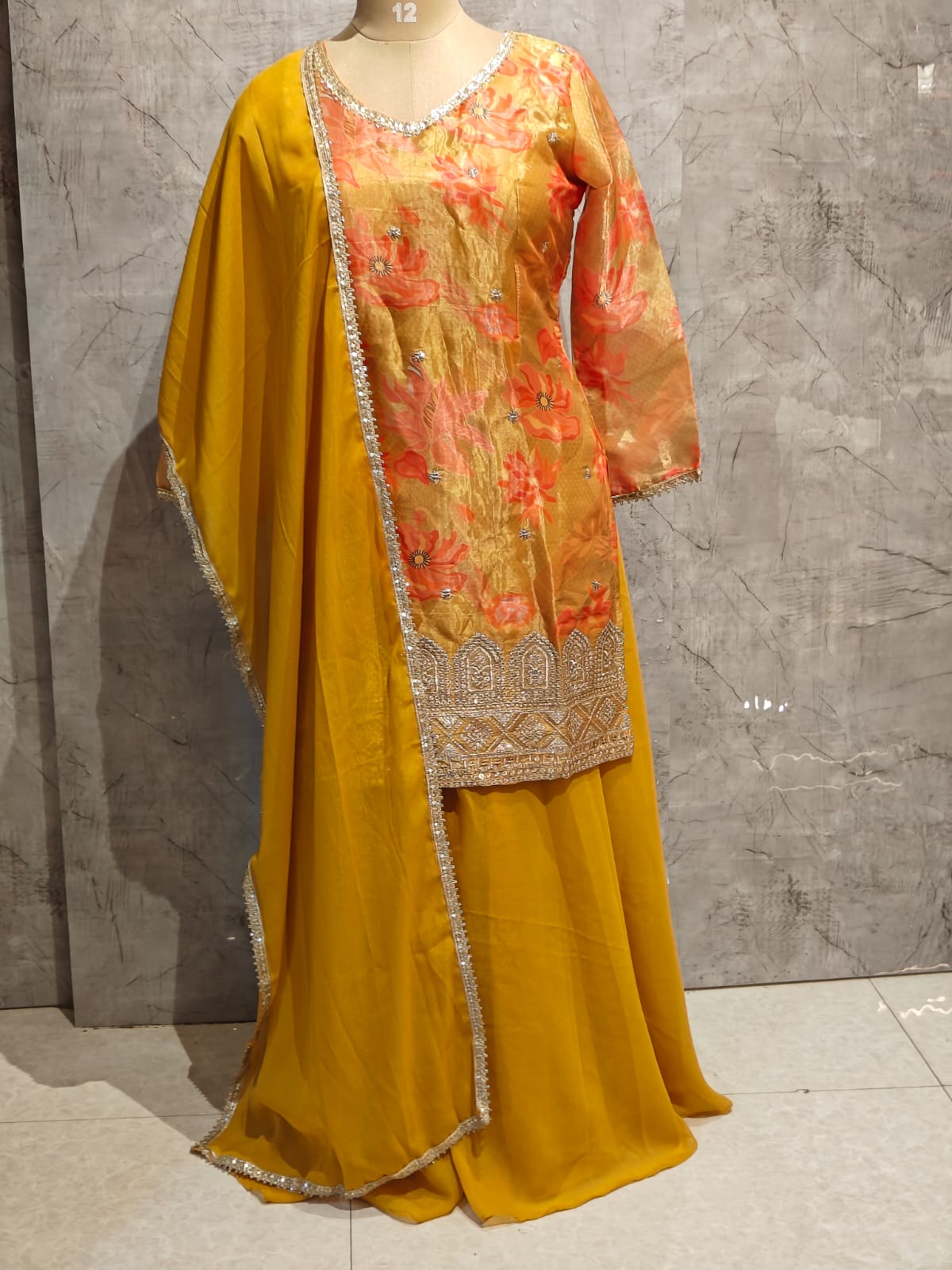Yellow Chinnon Hand Embroidery Sharara Kurtha 301