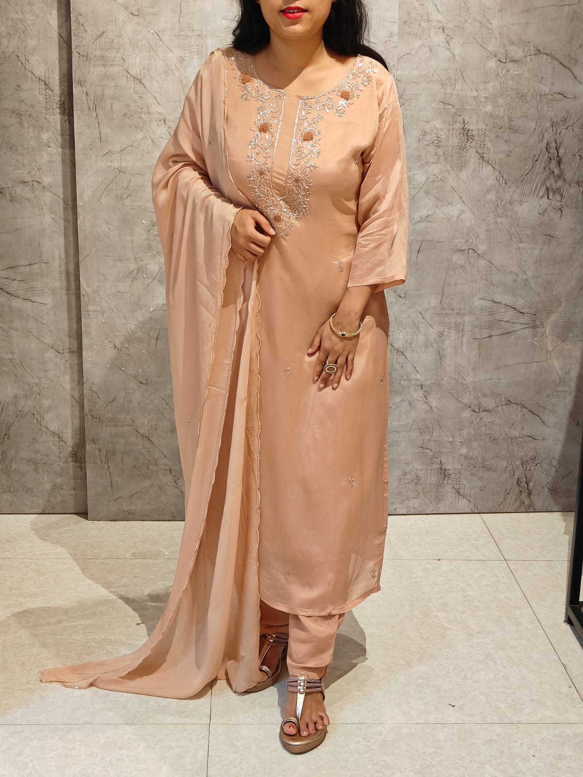 Peach Chinnon Hand Embroidery Straight Fit Kurtha 904