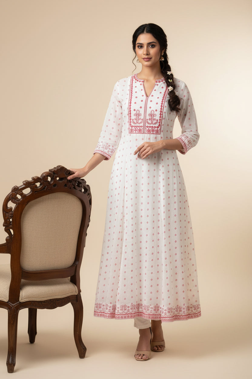 White and red embriodery mul Cotton A Line Kurtha 151