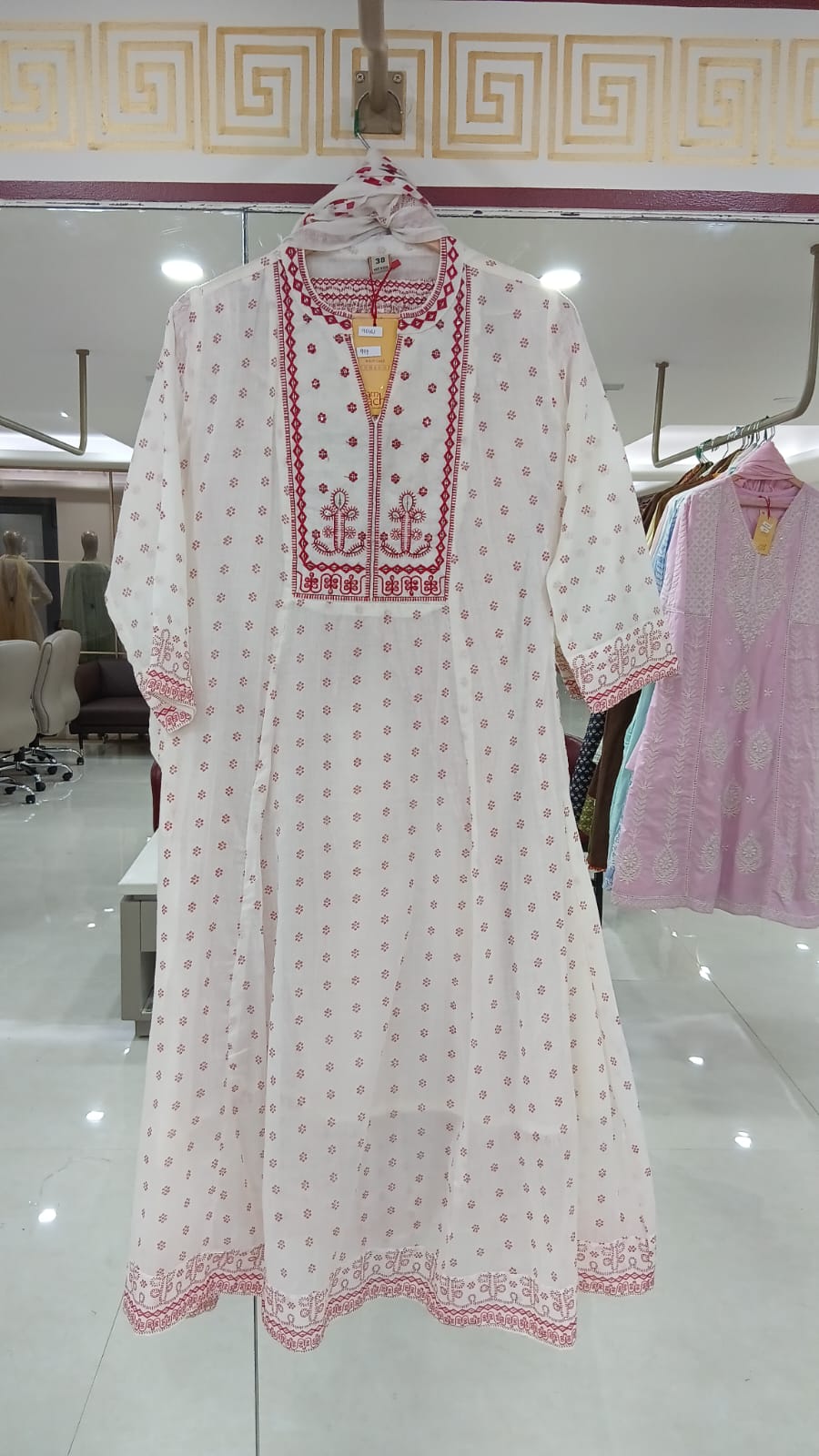 White and red embriodery mul Cotton A Line Kurtha 151