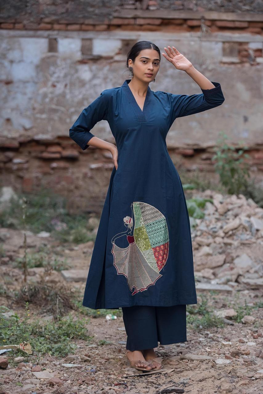 “Runi” Newy Blue Designer Cord 99 set with handwork applique work Kurtha