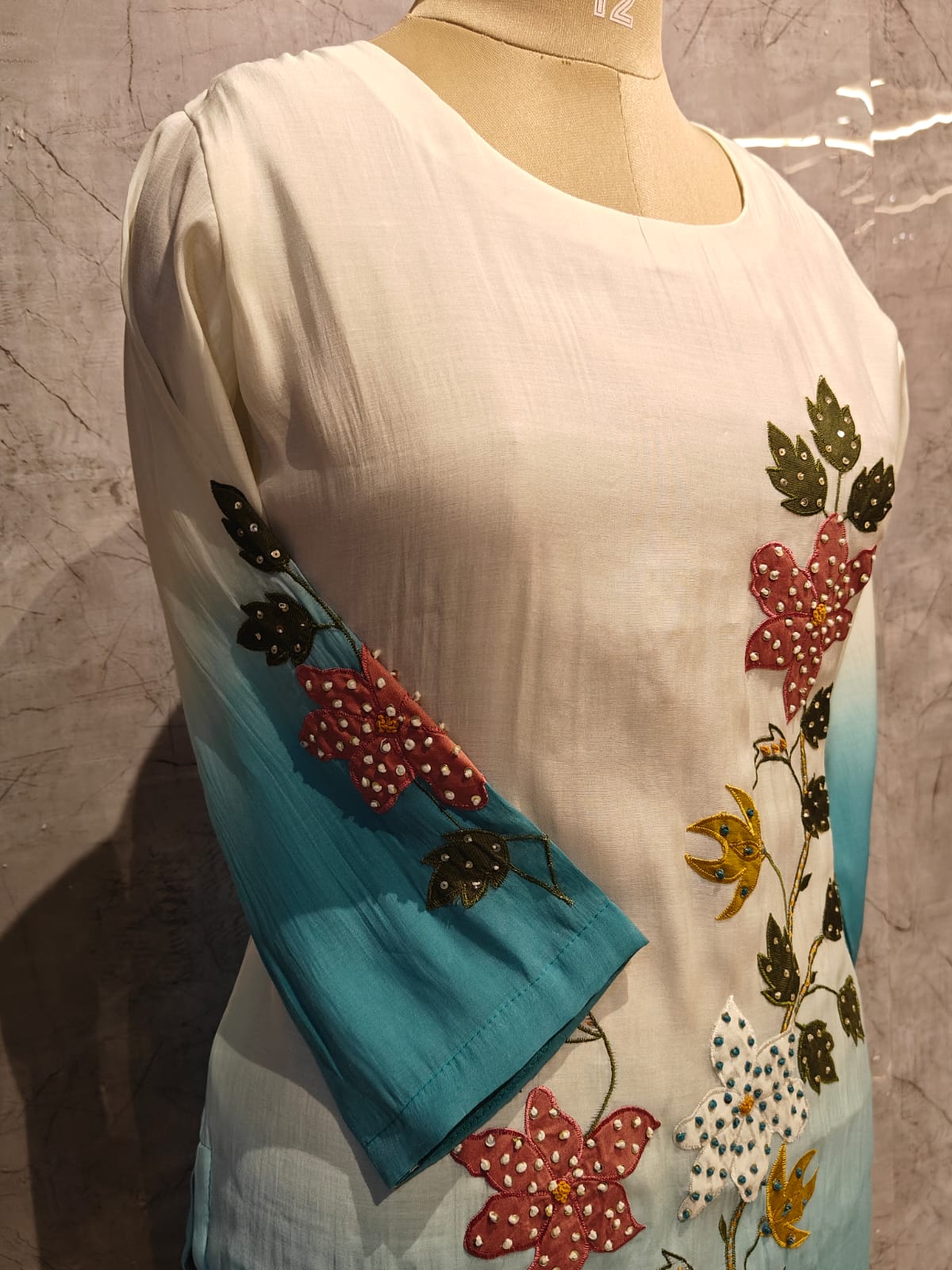 White and Blue Dola Thread Embroiedry Straight Fit Kurtha 431