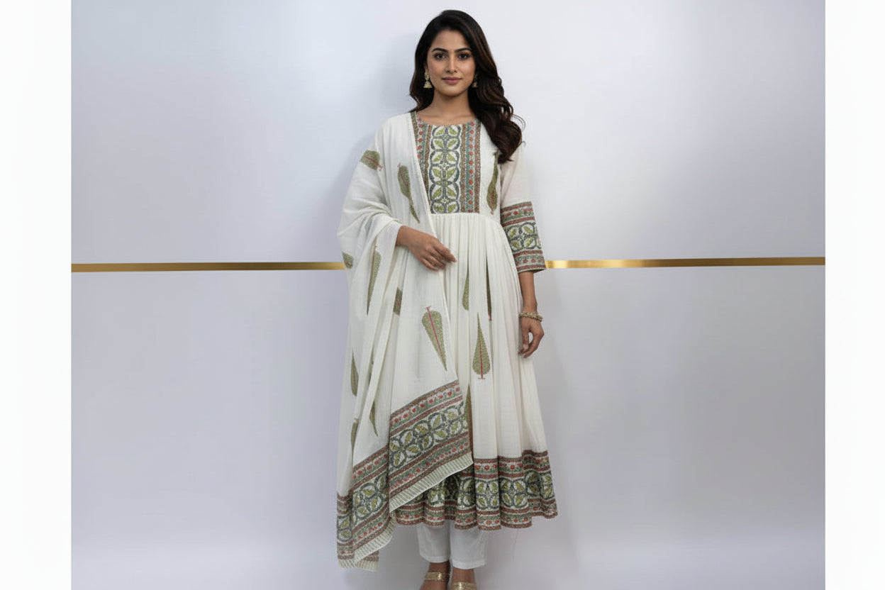 White Mul Cotton Block Print Anarkali Kurtha 98