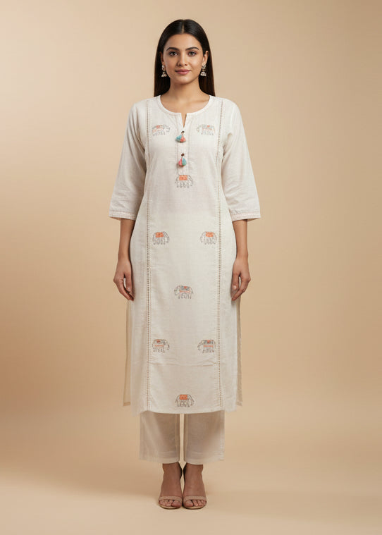 White Cotton Hand Embroidery Cord Set Kurtha 487