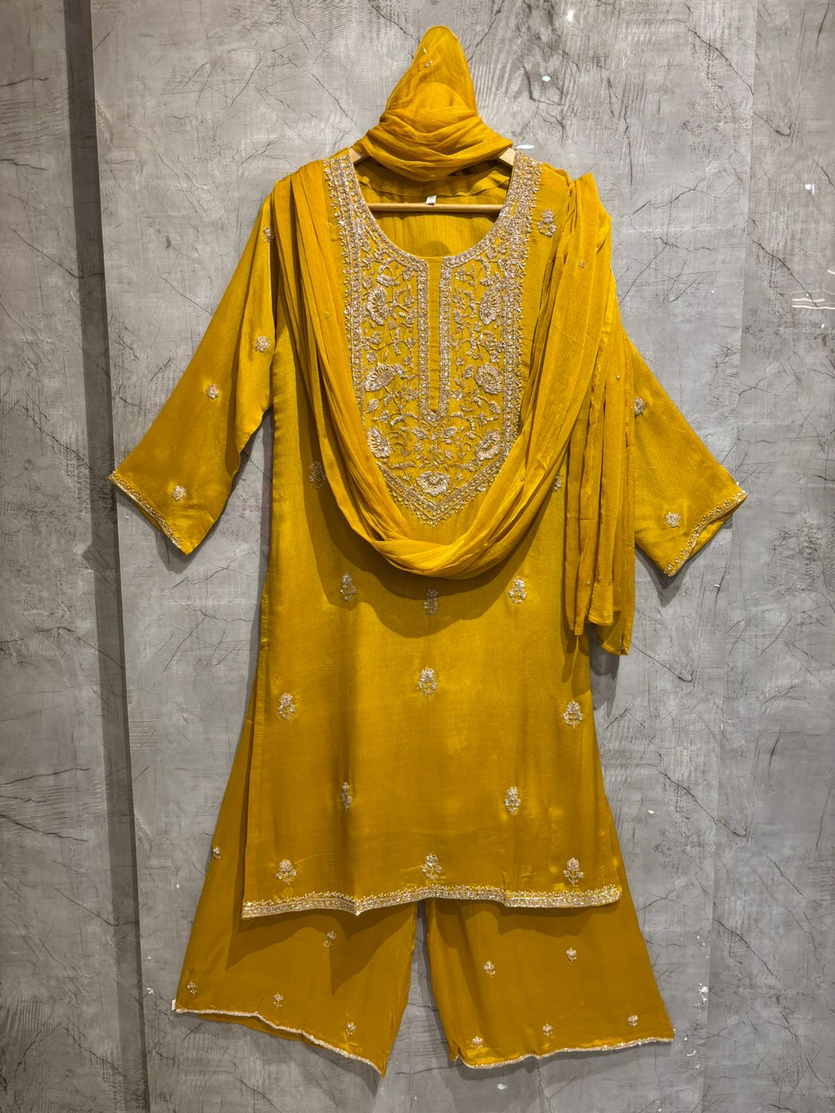 "PARI"  Masturd Yellow Designer Kurtha Set with Handwork and Palzoo Pant to
