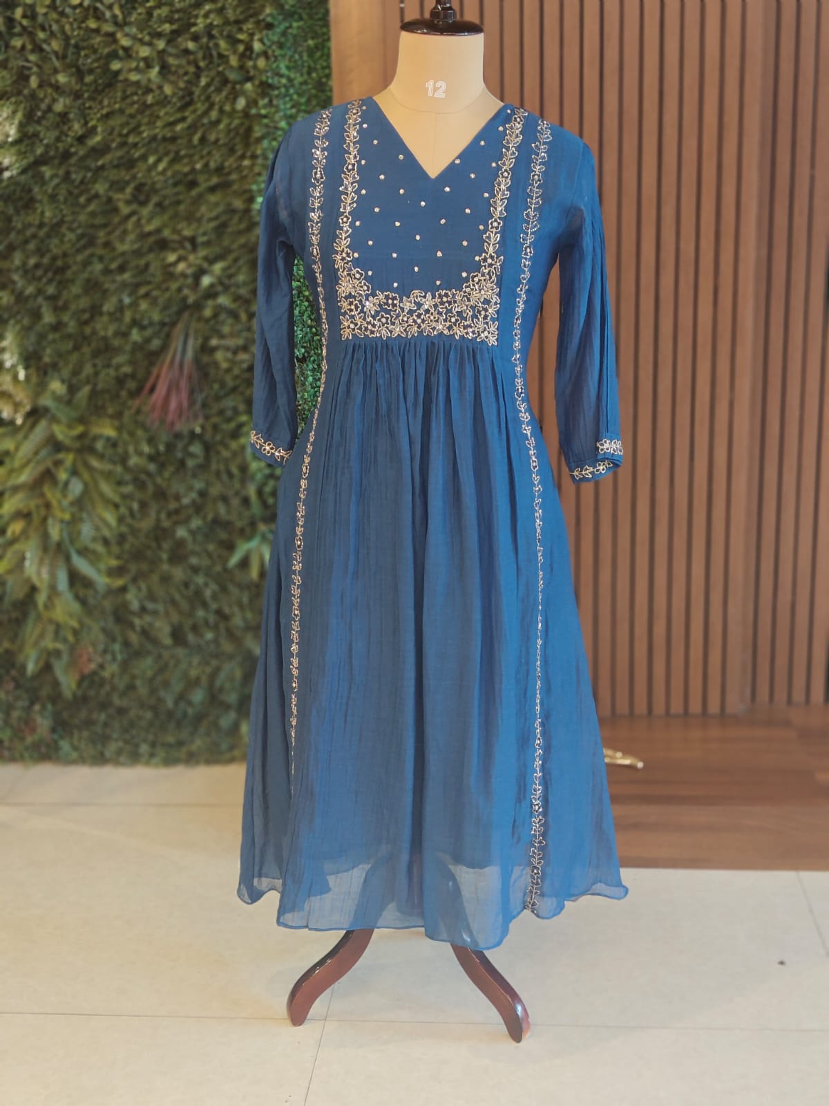 “Pani" Blue Mul Chanderi silk Kurtha suit with work hand embroidery 898