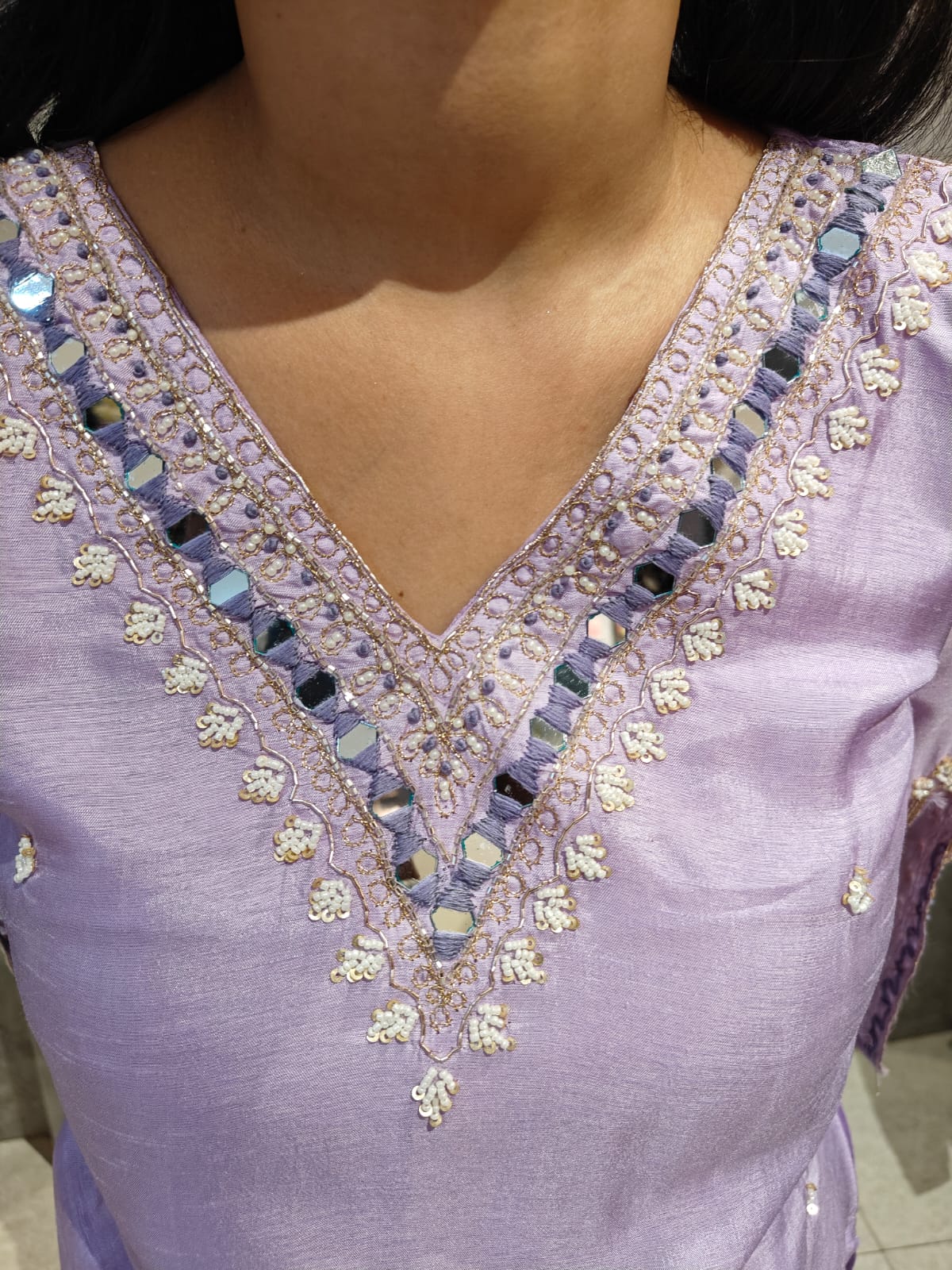 Lilac Dola Silk Hand Embroidery Straight Fit Kurtha 454