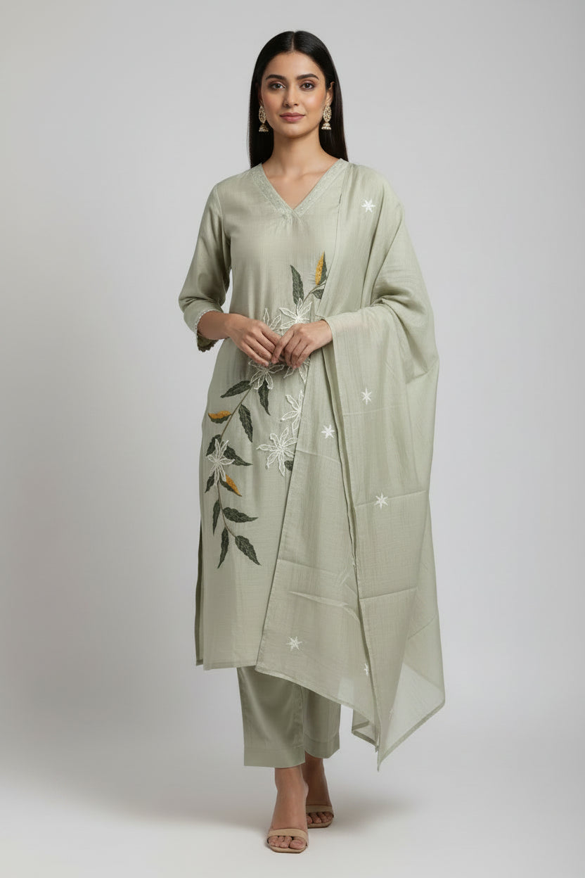 Pista Green pink Mul Chanderi Thread Embroidery A Line Kurtha 63