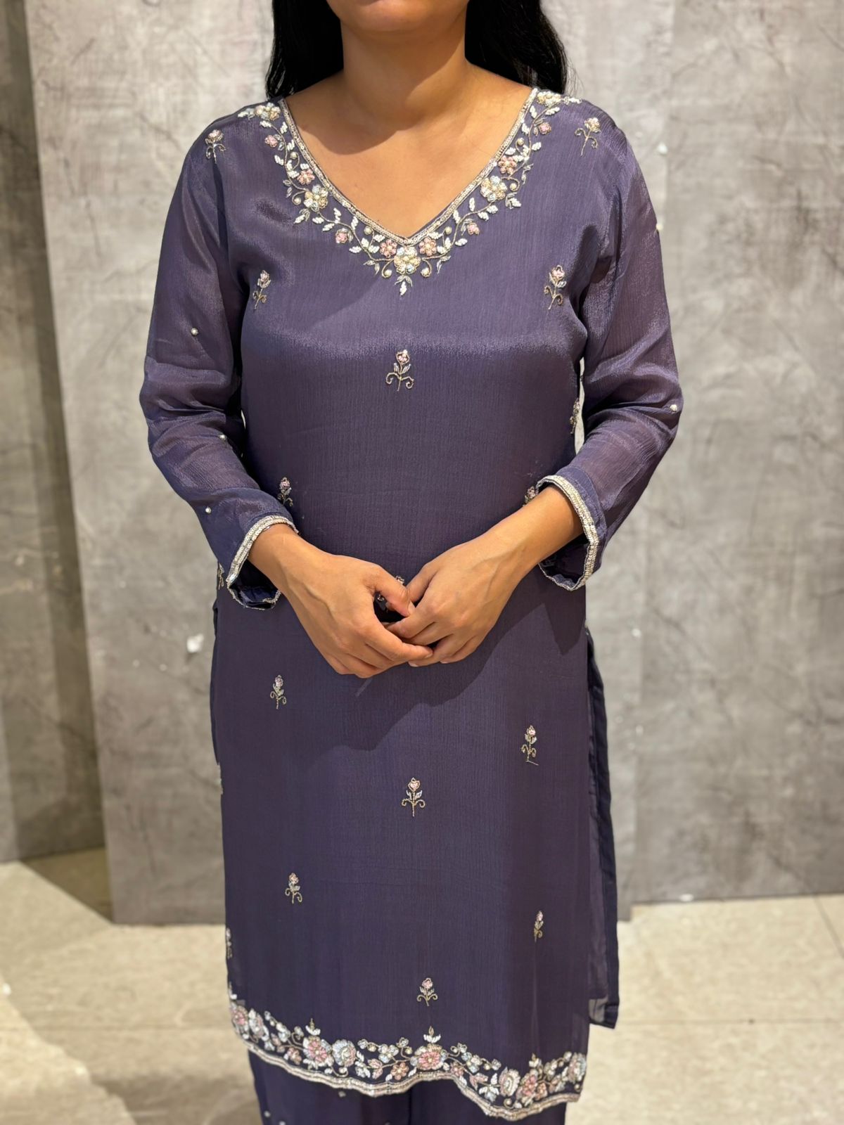 "Boomi" Dark Lavender Designer Hand Embroidery Sharara party Kurtha set