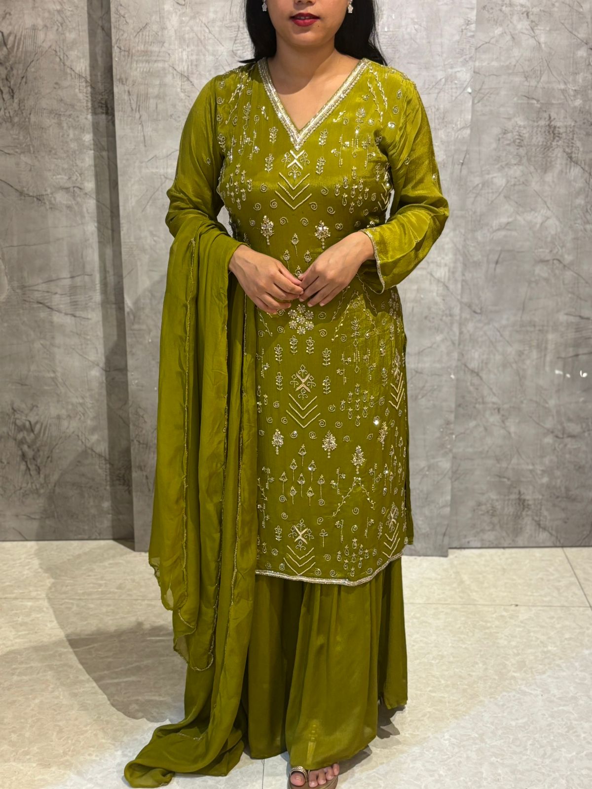 "Boomi" Lime Green Designer Hand Embroidery Sharara party Kurtha set 301