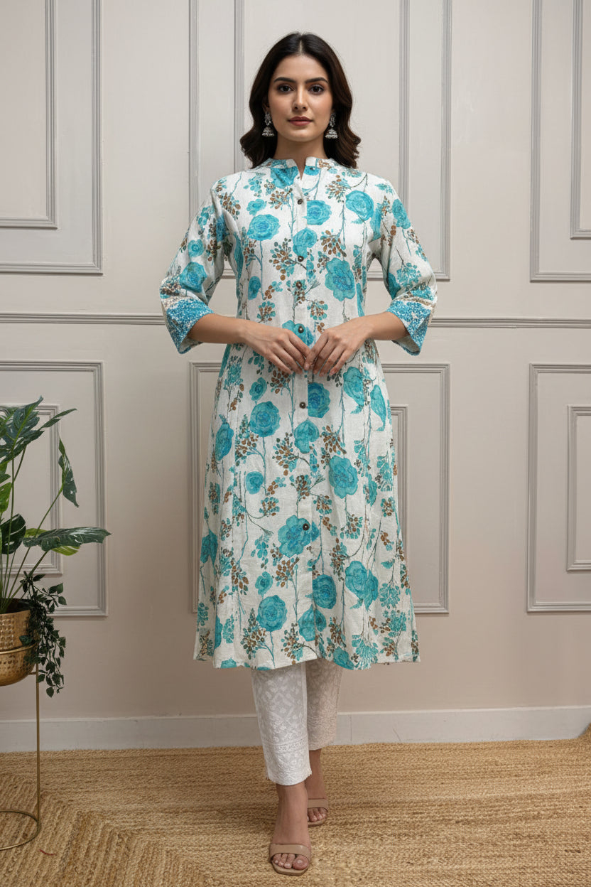 Sky Blue  Lenin Cotton Thread Embroidery Airline 1 pc Kurtha 372