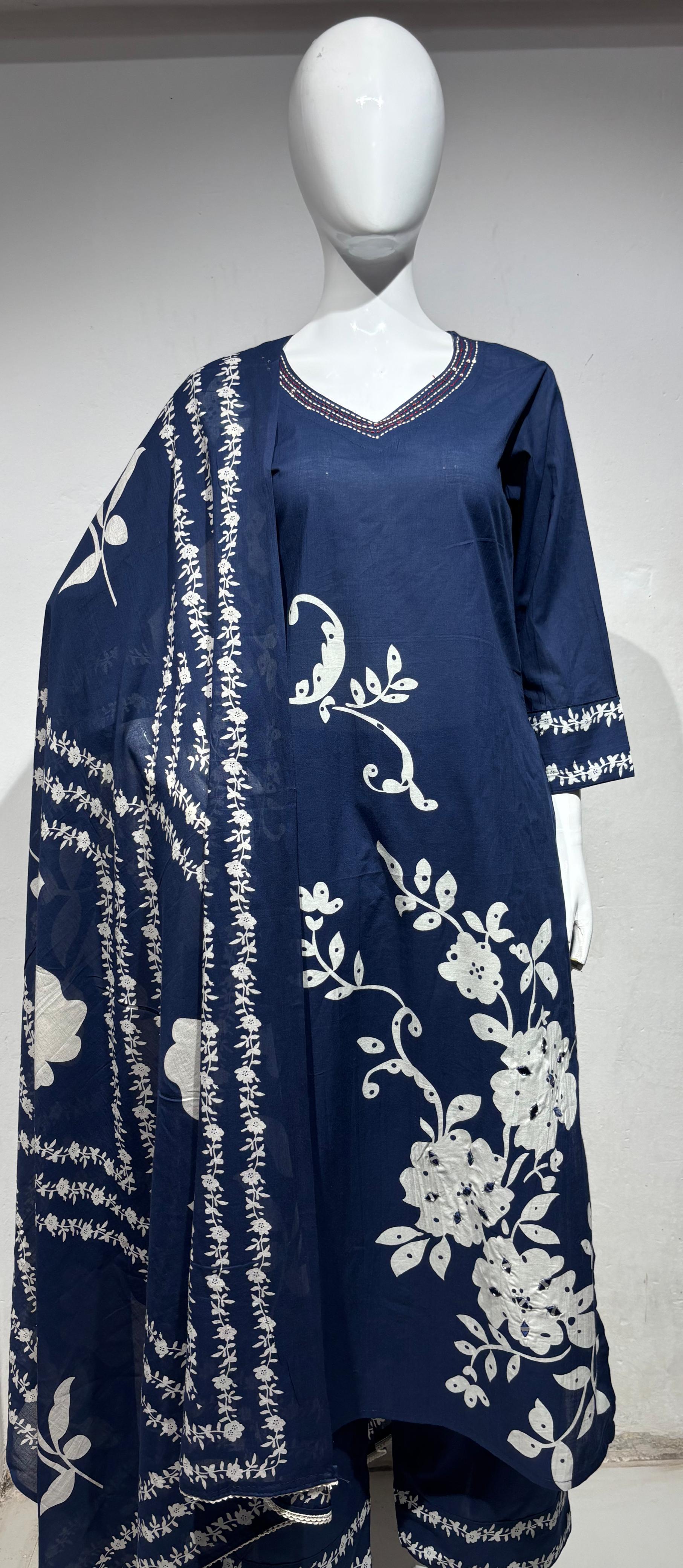 Navy Blue Cotton Airline Kurtha With Block Print