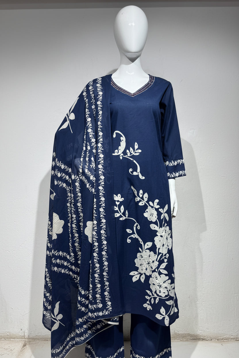 Navy Blue Cotton Airline Kurtha With Block Print