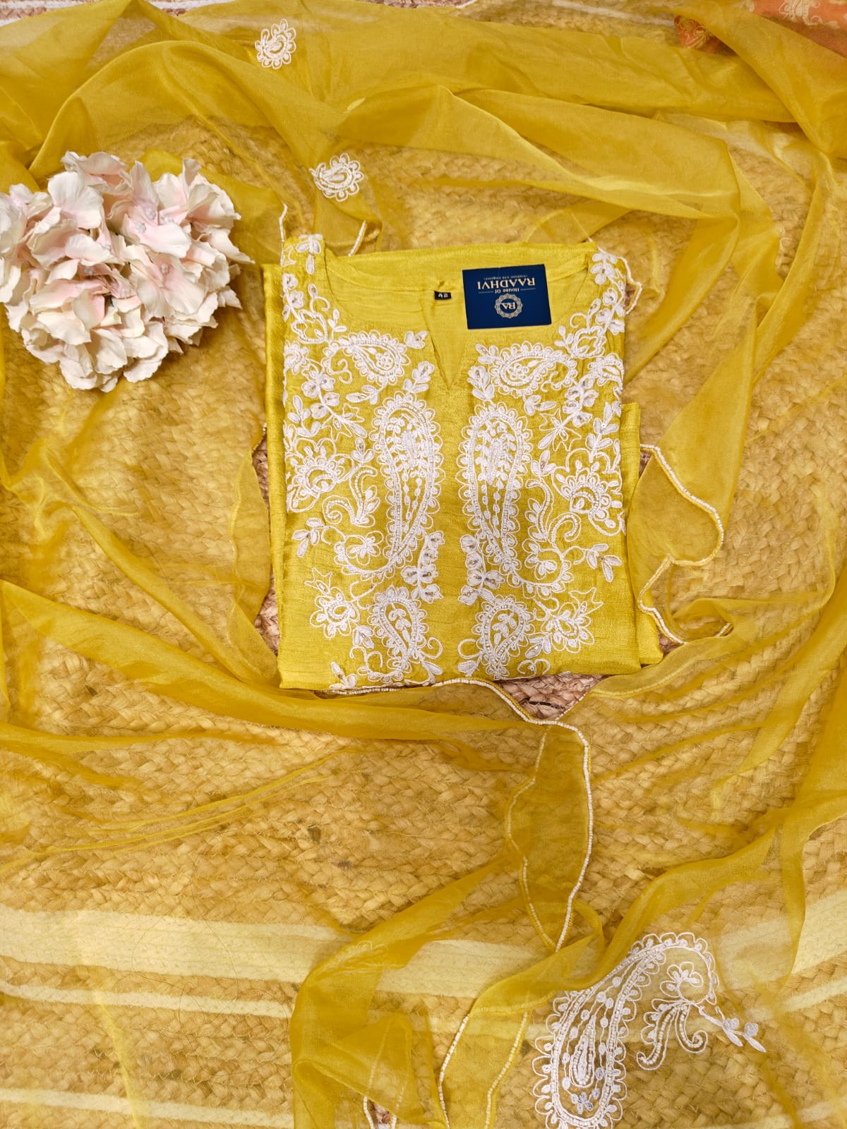 Lemon Yellow  Dola silk Pastel Kurtha with Pearl handwork embroidery work