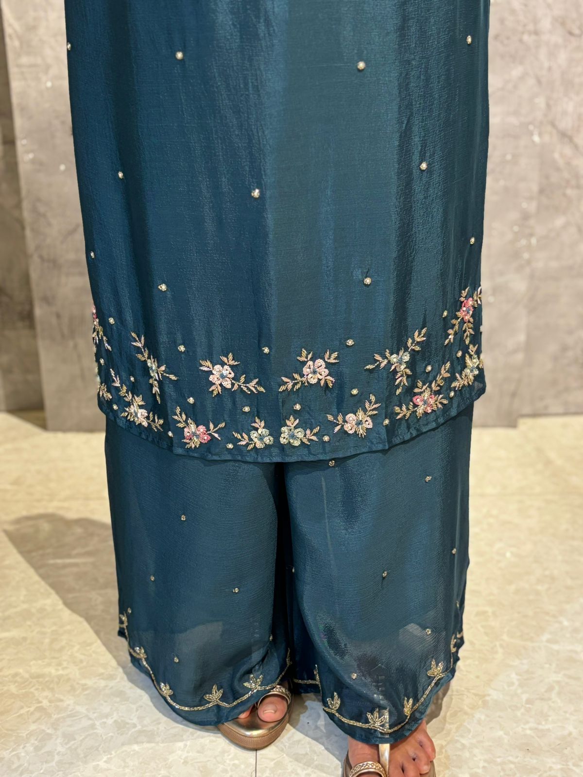 "Boomi" Steal Blue Designer Hand Embroidery Sharara party Kurtha set