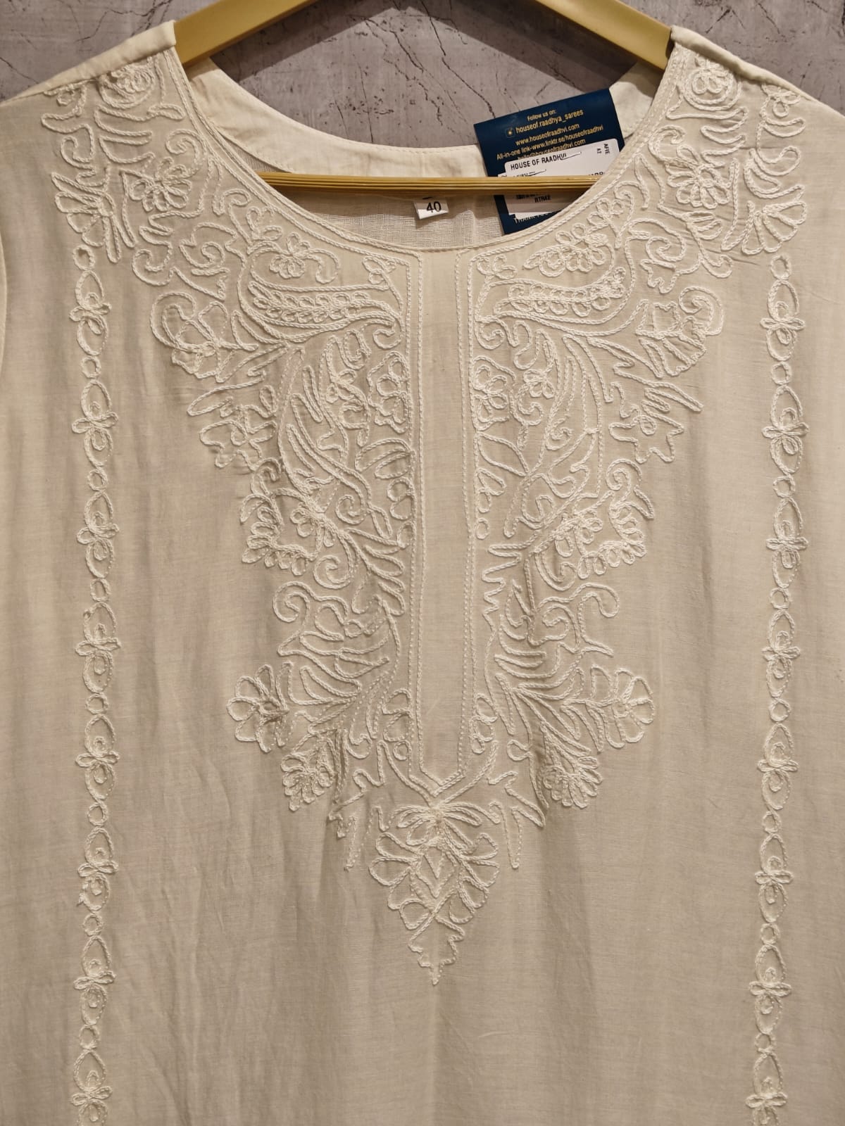 "WHITE" cotton thread embroidery Anarkali set