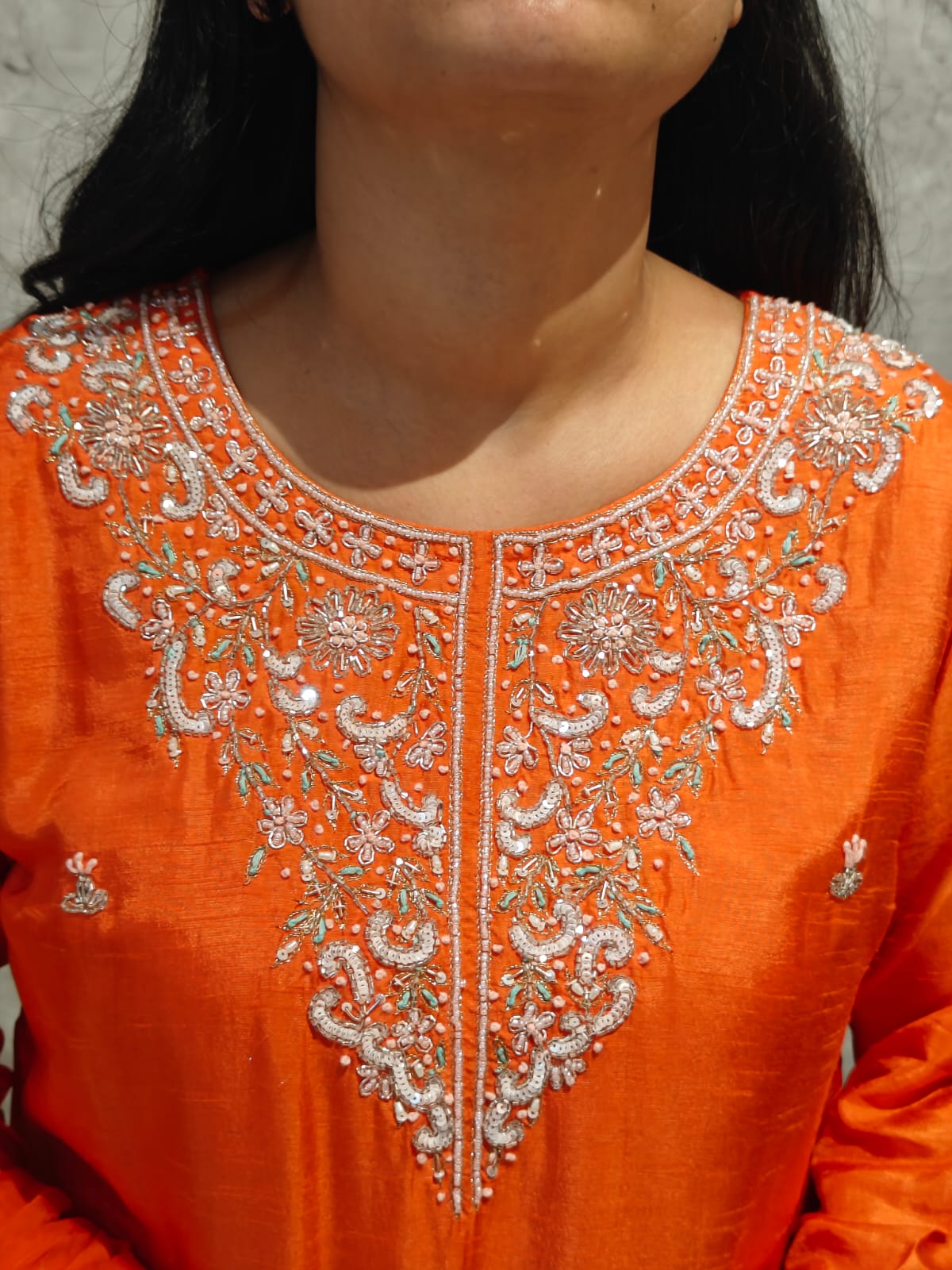 Orange Dola Silk Hand Embroidery Straight Fit Kurtha