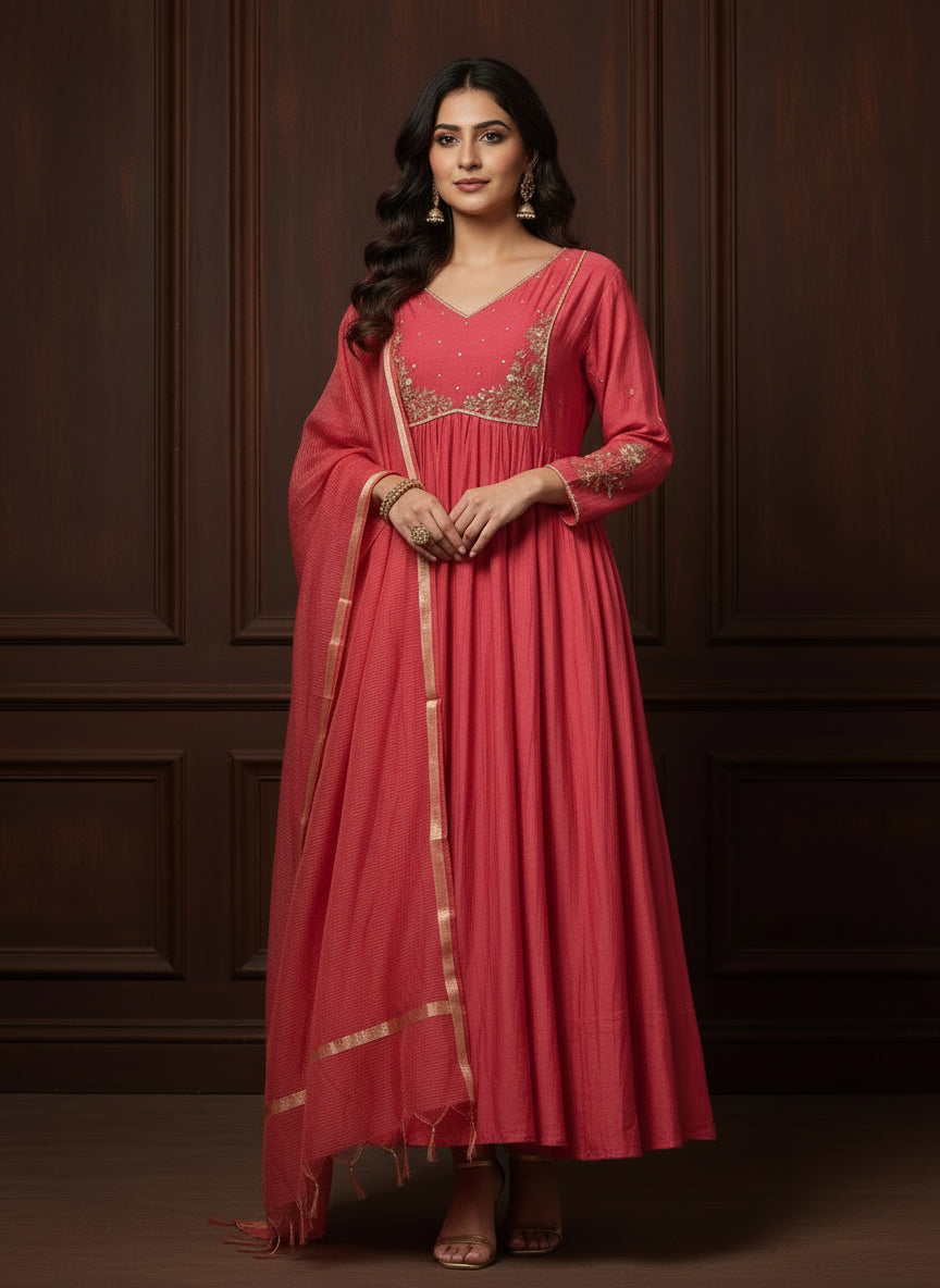 Pink Mul Chanderi Hand Embroidery Anarkali Kurtha 228