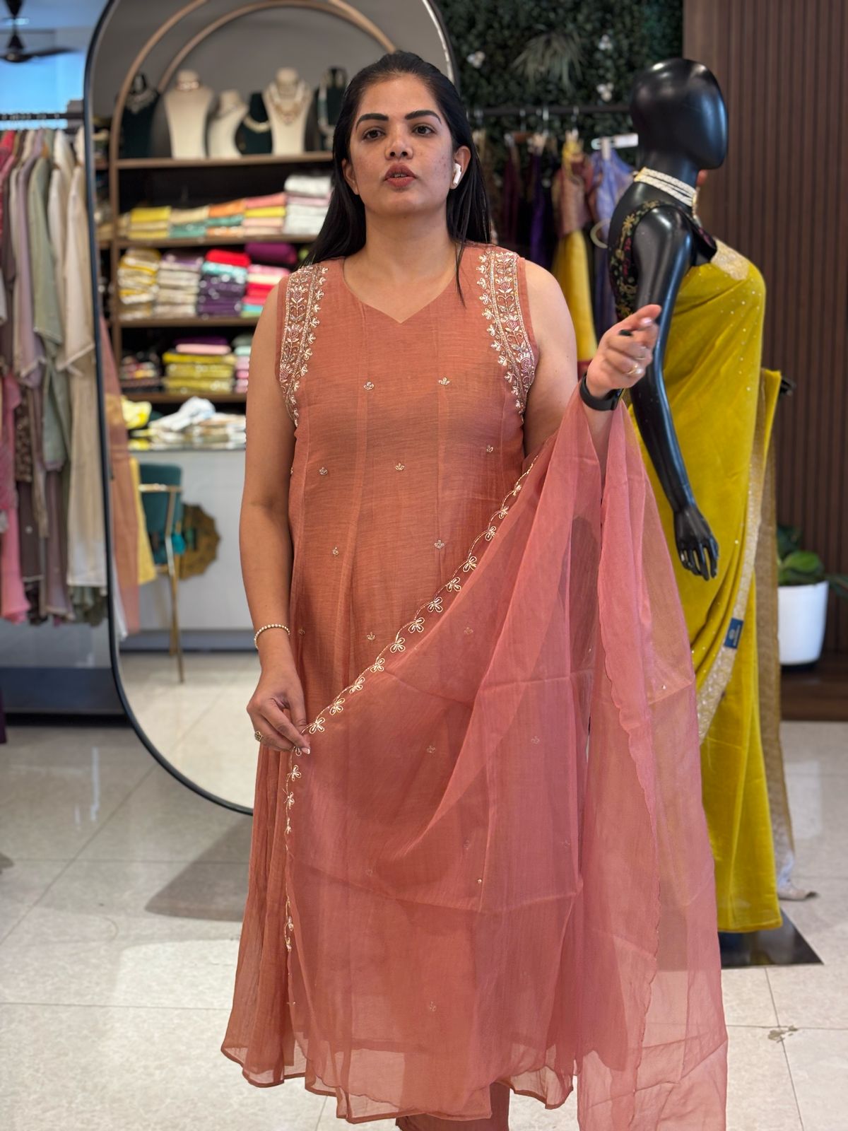 “Pani" Onion Mul Pink Chanderi Silk Anarkali Handwork Kurtha 515