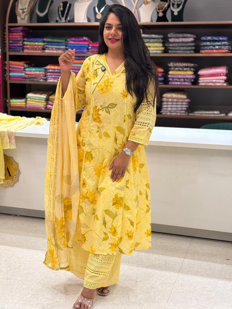 Yellow Cotton Airline Hacoba Work Kurtha