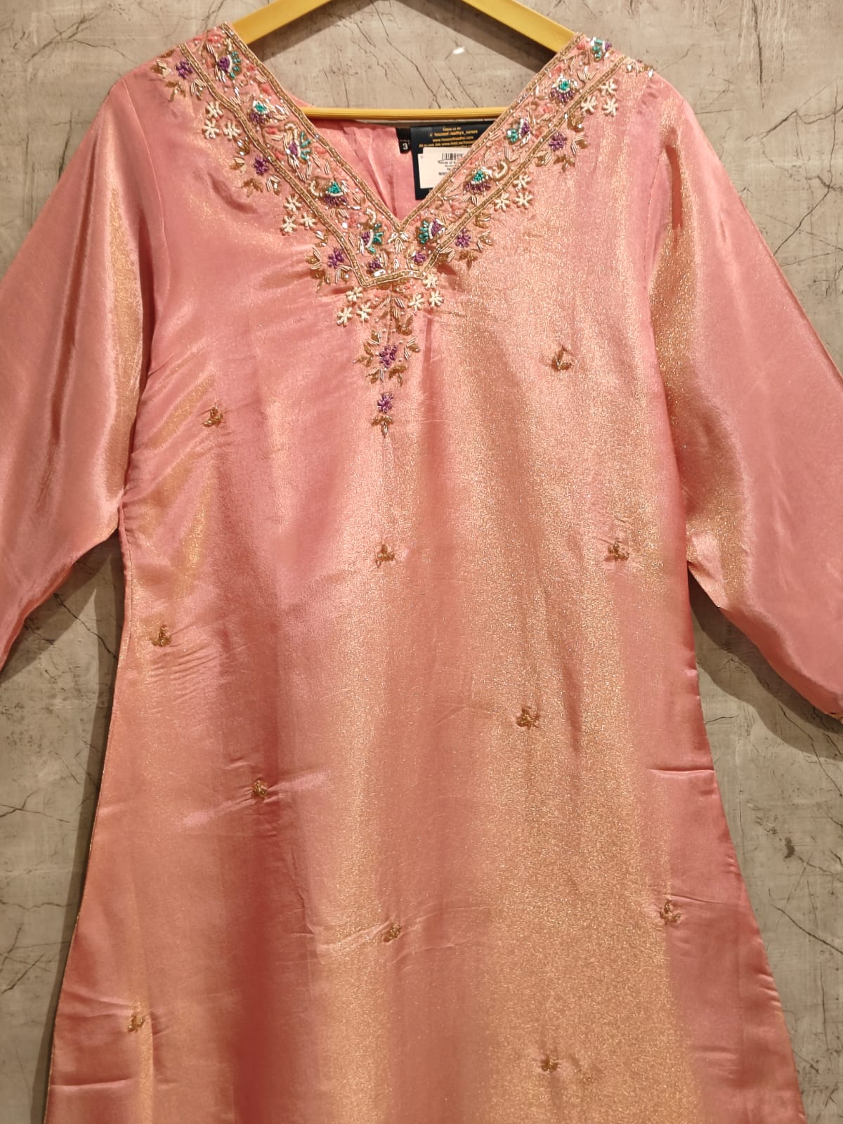 "Chandini" Baby Pink shimmer Kurtha set with hand embroidery, organza dupatta