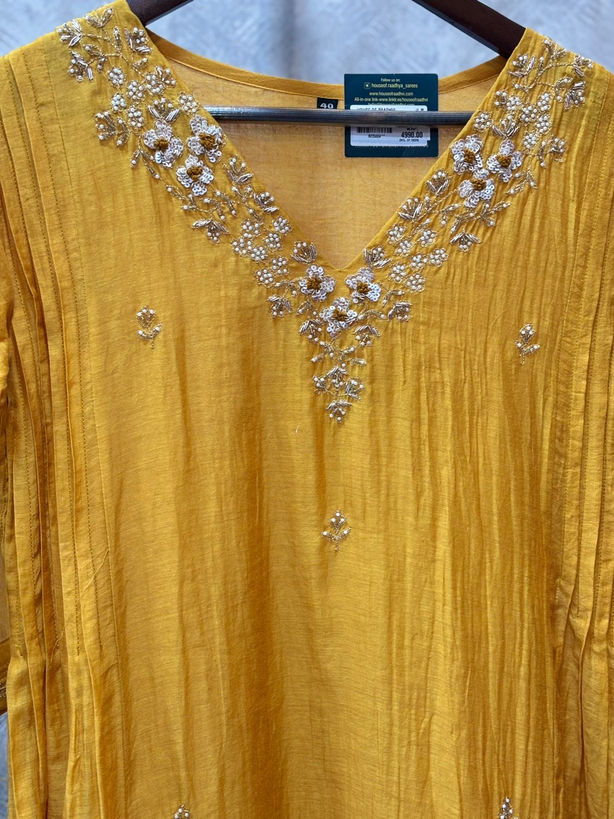 Yellow Mul Chanderi Anarkali Handwork Kurtha 127