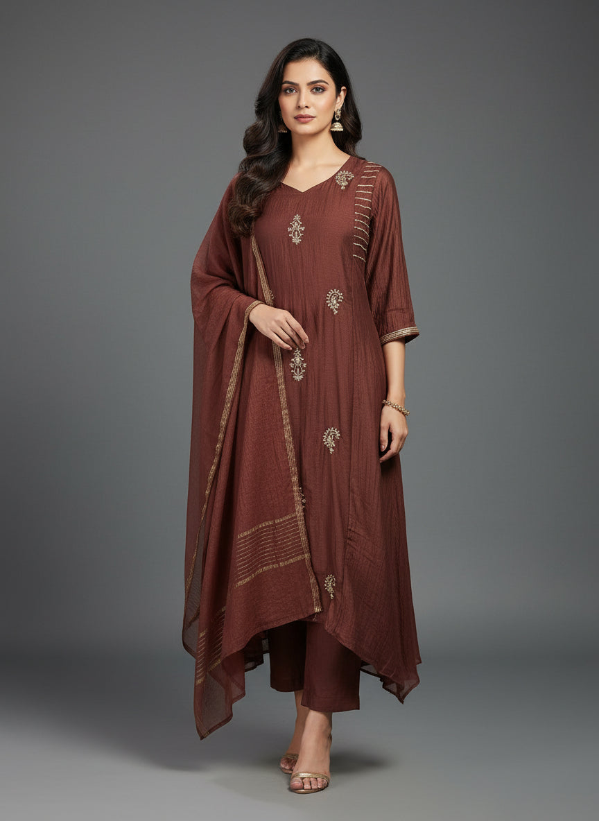 Brown Mul Chanderi Hand Embroidery Anarkali Kurtha 999