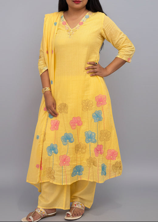 Yellow Mul Cotton Hand Embroidery Airline Kurtha 203