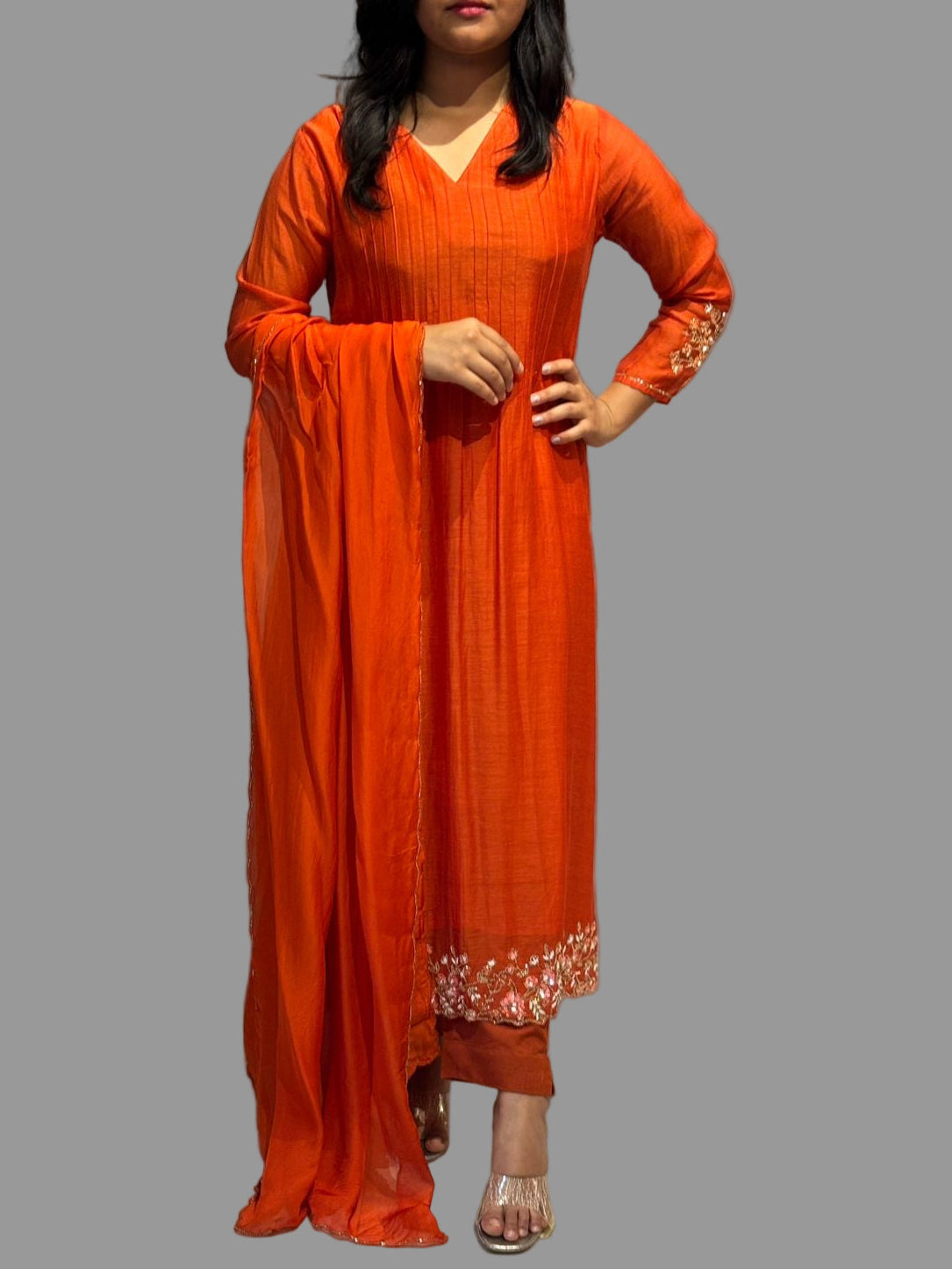 Orange Mul Chanderi Hand Embroidery Anarkali Kurtha 131