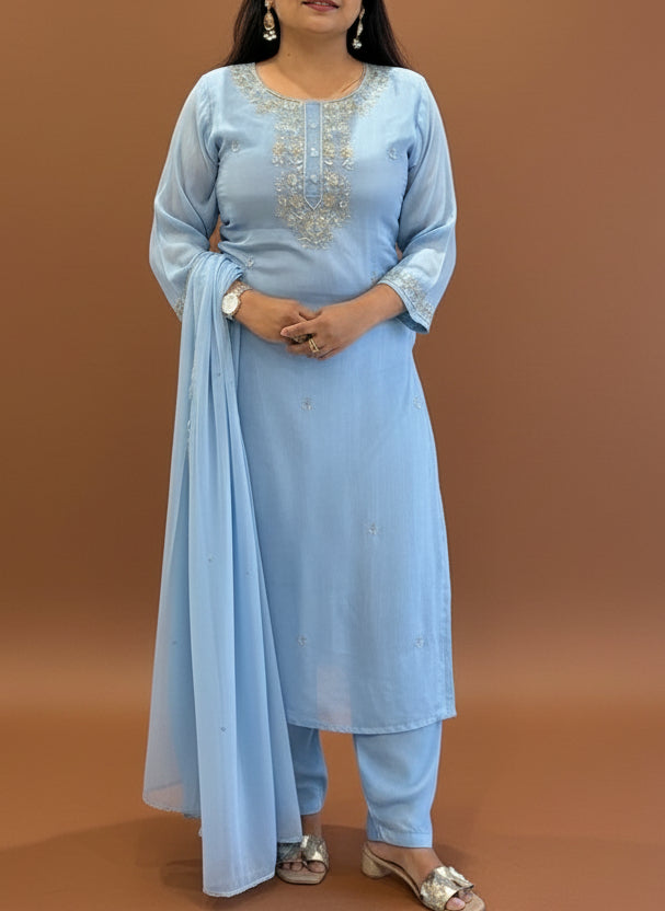Sky Blue Chinnon Hand Embroidery Straight Fit Kurtha 904