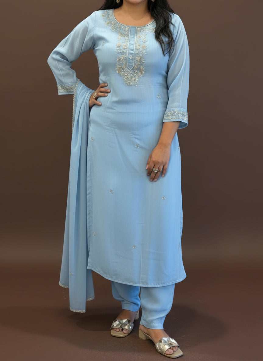 Sky Blue Chinnon Hand Embroidery Straight Fit Kurtha 904