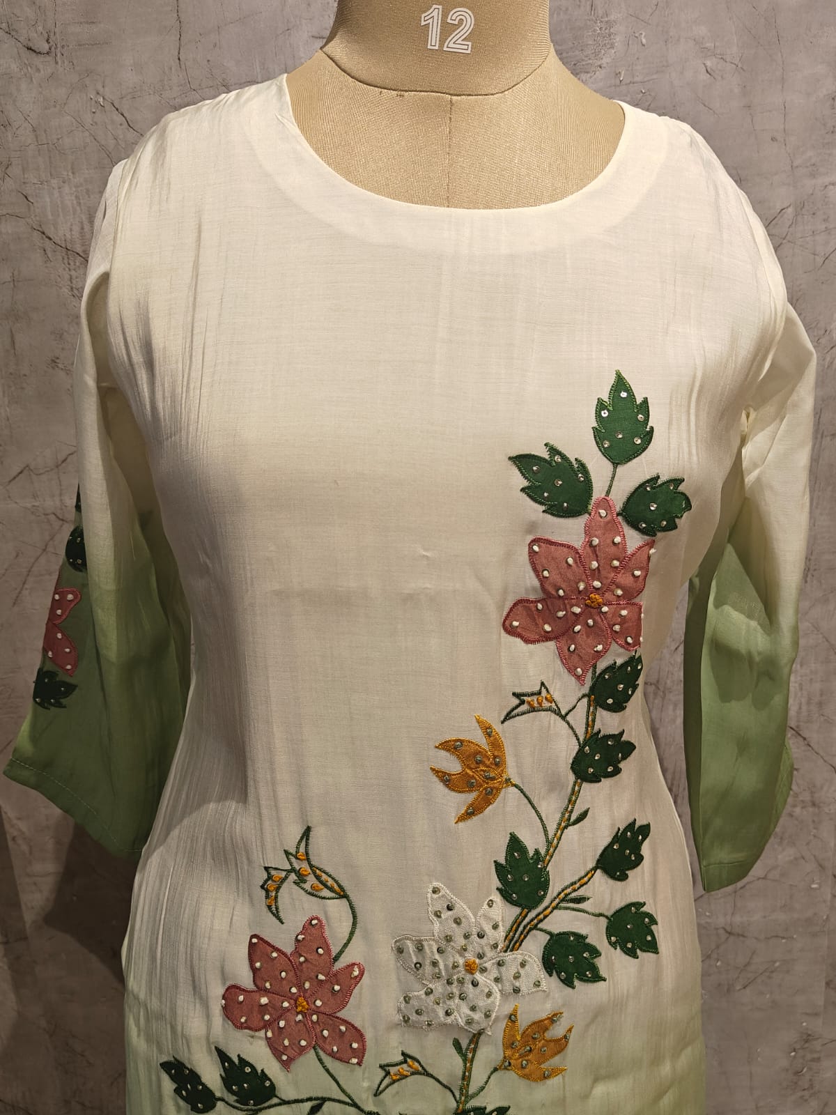 White and Green Dola Thread Embroiedry Straight Fit Kurtha 431