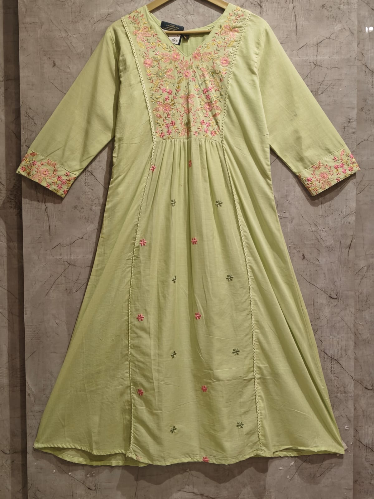 Pista Green  Mul Cotton Thread Embroidery Airline Kurtha488