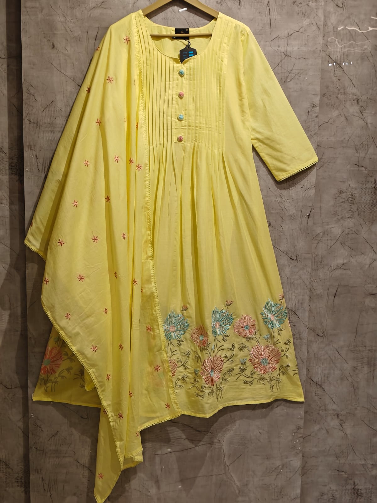 "Sana" Lemon Yellow Soft Mul Cotton in Boutique style embroidery 3pcs Kurtha suit