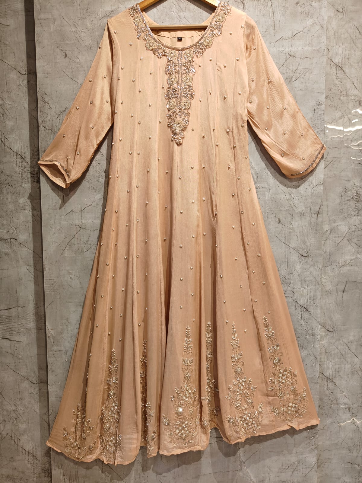 BEIGE Anarkali Chinnon Hand Embroidery Kurtha 567