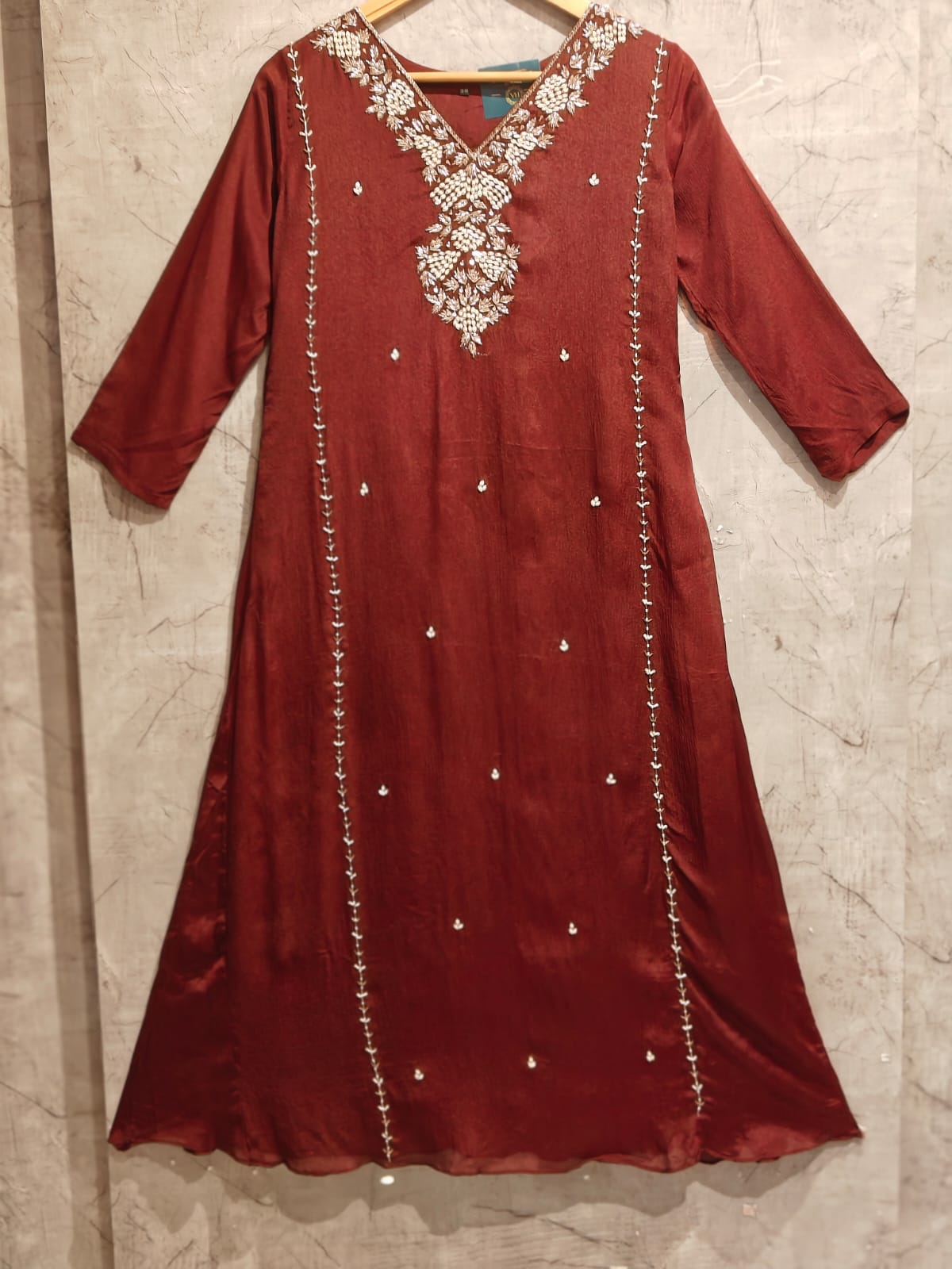 Brown Chinnon Hand Embroidery Airline Kurtha 444