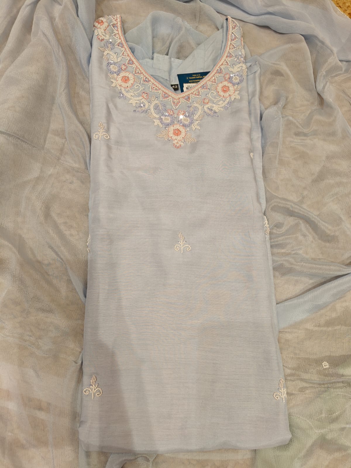 Sky blue Dola silk Pastel Kurtha with Pearl handwork embroidery work 511