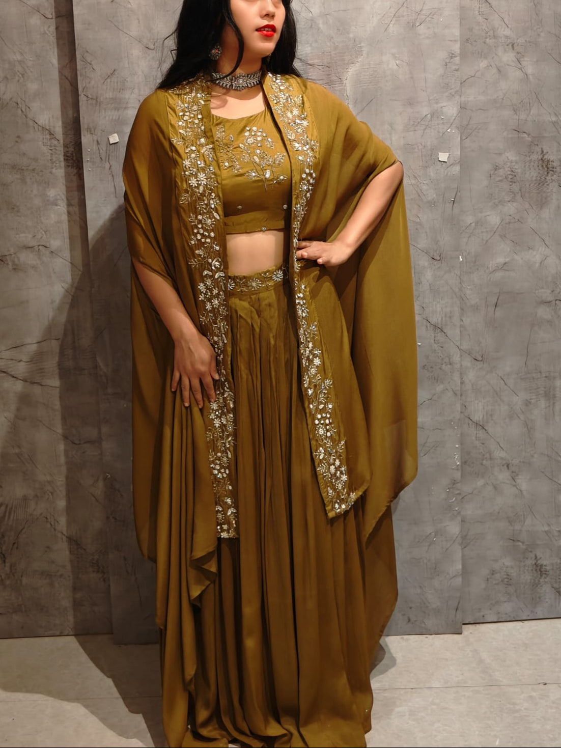 "PARI"  Mehendi Green Designer Kurtha 43 Set with Handwork Top, Skirt and Cape Indo-western