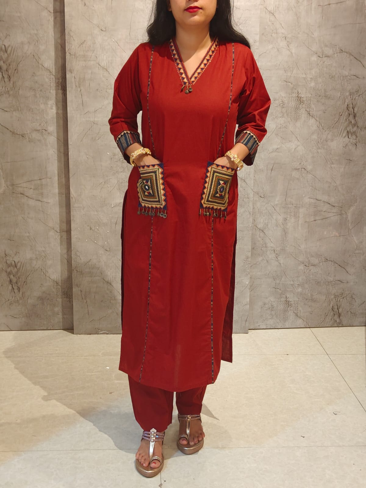 Maroon Cotton Thread Emboridery Straight Fit Kurtha
